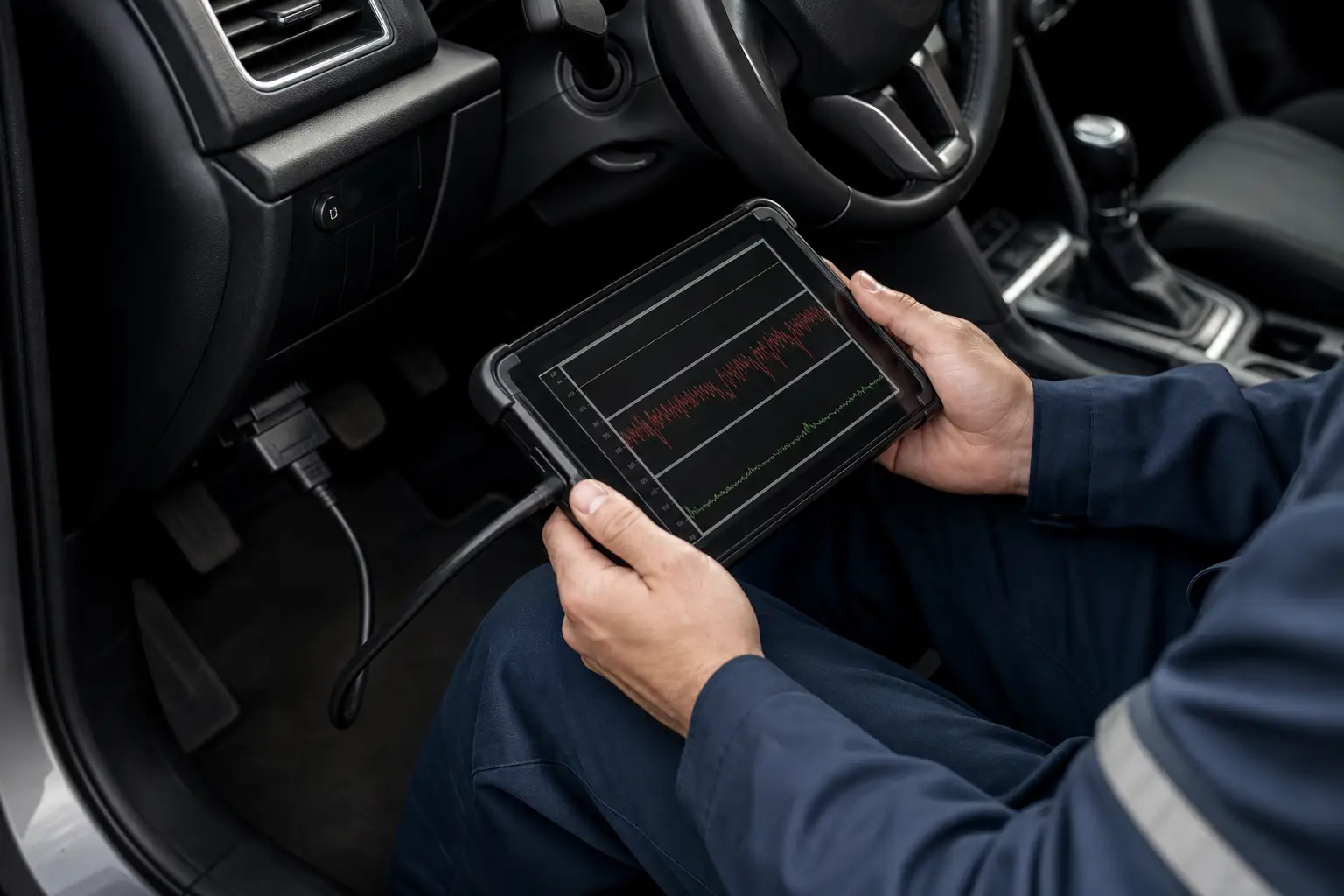 Диагностический сканер, подключённый к OBD-II разъёму